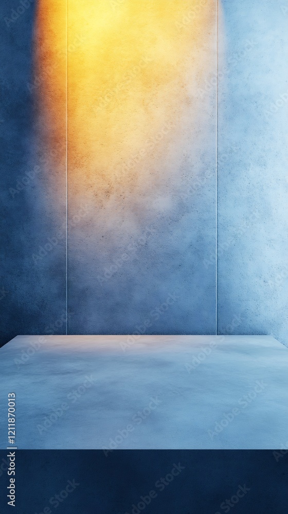 Warm light illuminates cool blue concrete backdrop showcasing empty product display table. AI Generated Warm light illuminates cool blue concrete backdrop showcasing empty product display table. AI Generated