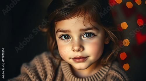 Portrait, young girl, brown hair, blue eyes, soft lighting, warm tones, bokeh background, holiday lights, knit sweater, innocent expression, close-up, shallow depth of field, studio photography, ether photo