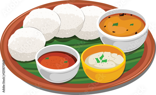 South Indian Food Idli With Sambar Vector Illustration