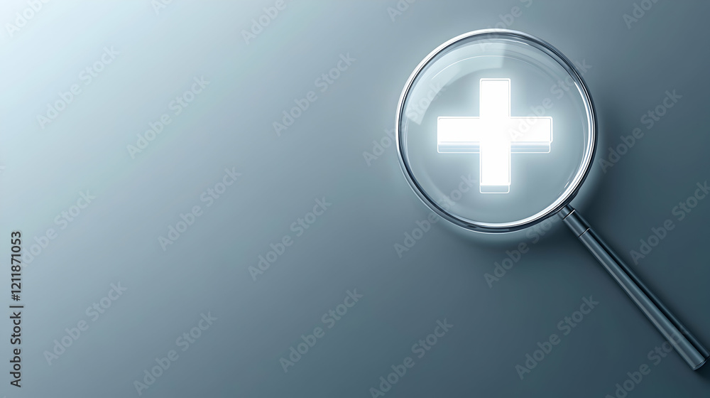 Magnifying glass focusing on a glowing medical cross, healthcare research concept Magnifying glass focusing on a glowing medical cross, healthcare research concept
