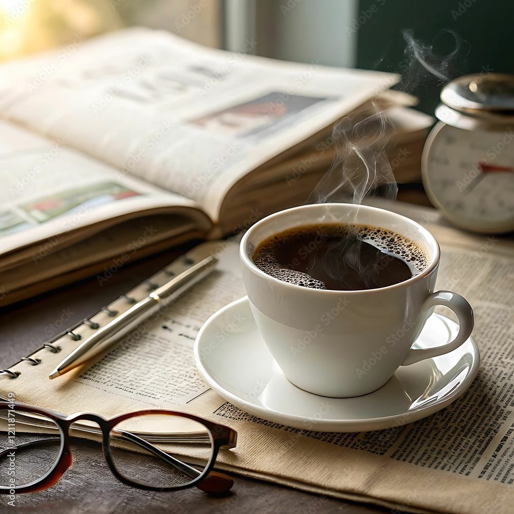 Steaming Coffee Cup, Newspaper, Glasses, Cozy Morning Workspace Steaming Coffee Cup, Newspaper, Glasses, Cozy Morning Workspace