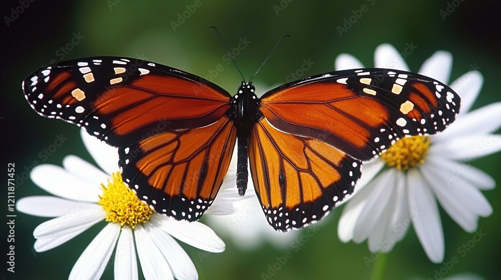 Fototapeta premium Monarch butterfly perched on white daisies.