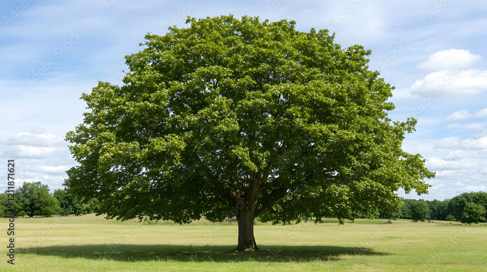 Majestic oak tree in a sunny field, blue sky, fluffy clouds, peaceful landscape, ideal for nature, environment, or serenity themes Majestic oak tree in a sunny field, blue sky, fluffy clouds, peaceful landscape, ideal for nature, environment, or serenity themes