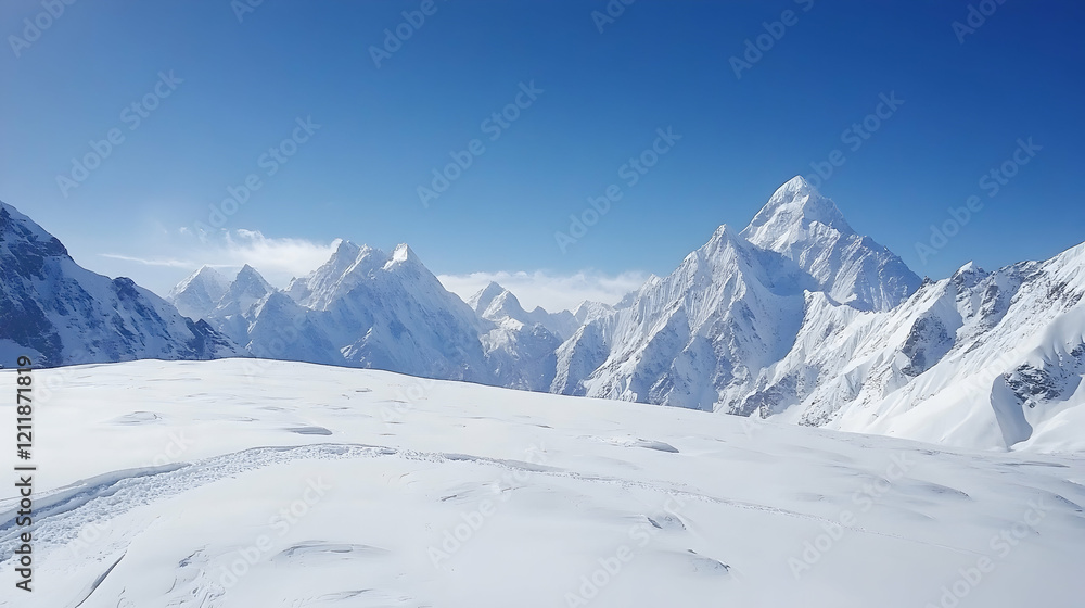 Majestic snow-capped mountains under a clear blue sky, showcasing a vast snowy landscape; ideal for travel brochures Majestic snow-capped mountains under a clear blue sky, showcasing a vast snowy landscape; ideal for travel brochures
