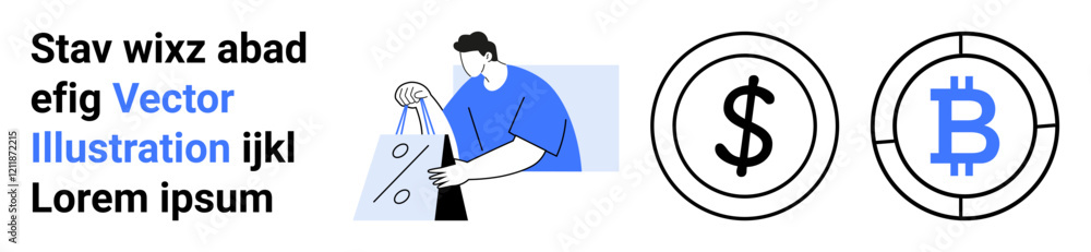 Man holding a shopping bag, dollar and bitcoin currency signs, and sample text. Ideal for e-commerce, finance, cryptocurrency, digital marketing, online transactions, economy financial literacy Man holding a shopping bag, dollar and bitcoin currency signs, and sample text. Ideal for e-commerce, finance, cryptocurrency, digital marketing, online transactions, economy financial literacy