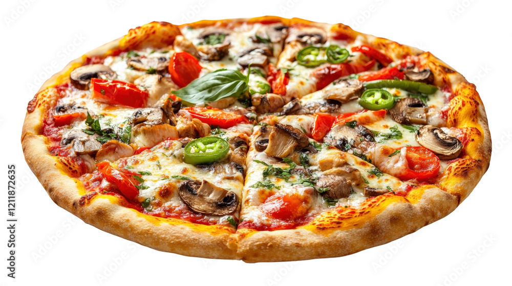 Delicious pizza topped with fresh vegetables and herbs in a bright setting isolated on transparent background Delicious pizza topped with fresh vegetables and herbs in a bright setting isolated on transparent background