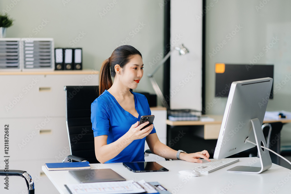 Business woman or financial data analysts working with smartphone and laptop computers and data graphs together. Plan to analyzing projects in the office. Business woman or financial data analysts working with smartphone and laptop computers and data graphs together. Plan to analyzing projects in the office.