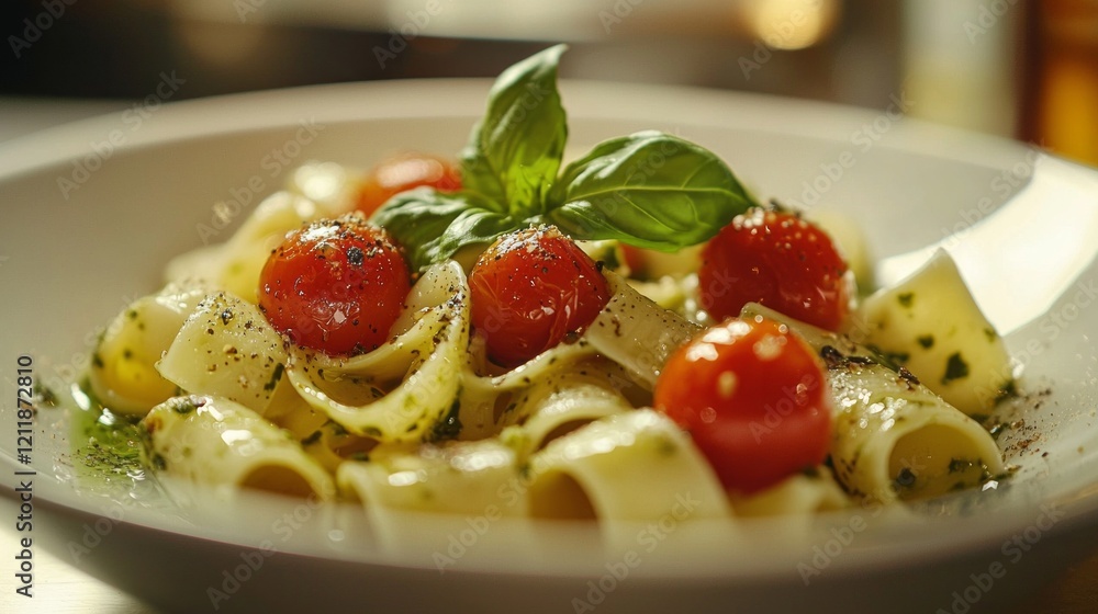 Close-up of a beautifully arranged pasta dish featuring elegantly curled noodles, juicy cherry tomatoes, and fresh basil, evoking a sense of culinary artistry and fresh flavors Close-up of a beautifully arranged pasta dish featuring elegantly curled noodles, juicy cherry tomatoes, and fresh basil, evoking a sense of culinary artistry and fresh flavors