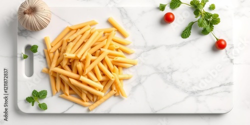 Top down view of uncooked penne pasta arranged neatly on a white marble board against a textured white background, ideal for adding text and design, penne pasta, food, marble board