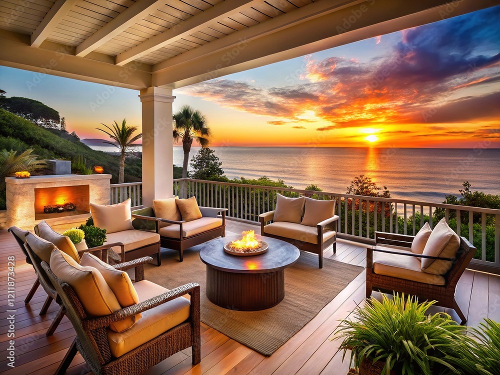 Fototapeta premium Luxurious Oceanfront Porch Sunset Dream Home Exterior