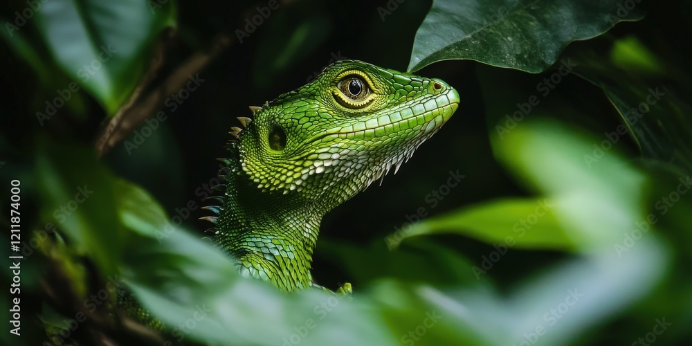 A green forest dragon camouflaged among the trees, watching travelers A green forest dragon camouflaged among the trees, watching travelers