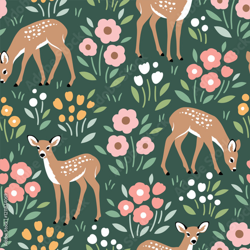 Seamless vector pattern with cute fawn on floral background. Hand drawn woodland illustration. Perfect for textile, wallpaper or print design. EPS10 vector file.