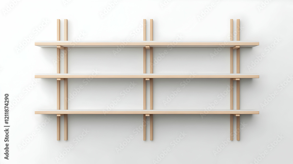 Modern wooden shelving unit against a white wall; interior design, home decor Modern wooden shelving unit against a white wall; interior design, home decor