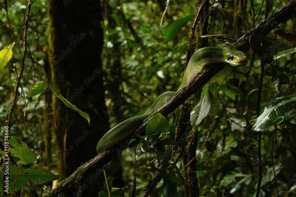 Obraz premium A green tree python coiled around a branch in a lush tropical rainforest, scales shimmering in the dappled sunlight