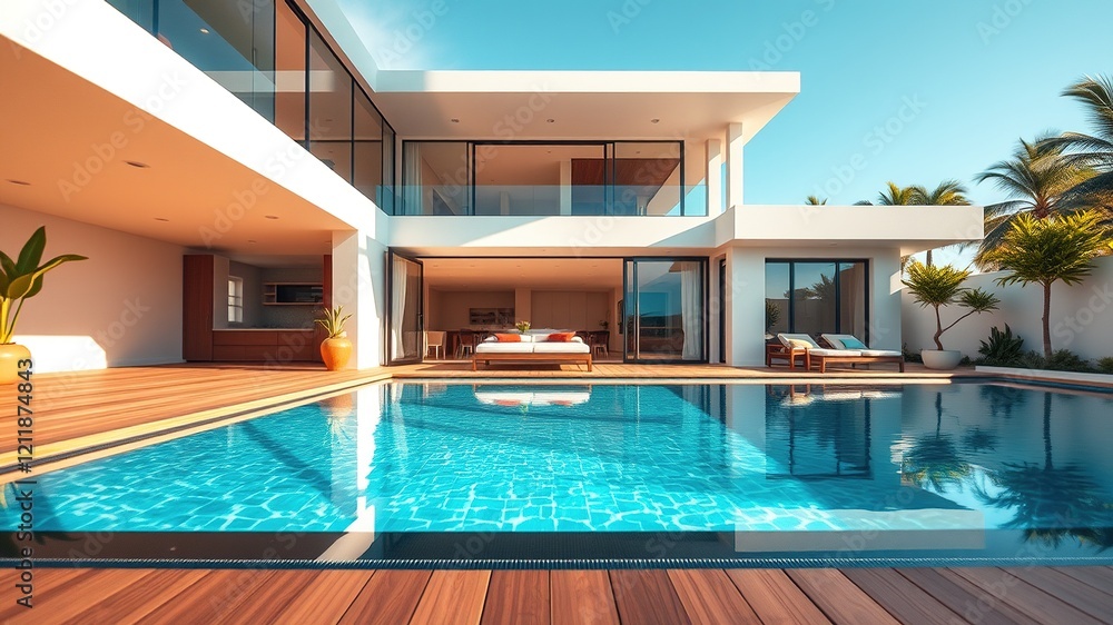 Fototapeta premium Modern Pool Villa Interior Design, AI Photo, Bright Colors, Stunning Views