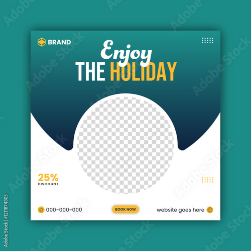 Holiday package social media post template for travel agency. Modern social media post template with travel theme.