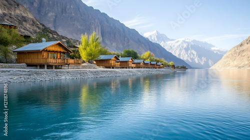 Mountain lake cabins, serene reflection, sunrise view, peaceful getaway