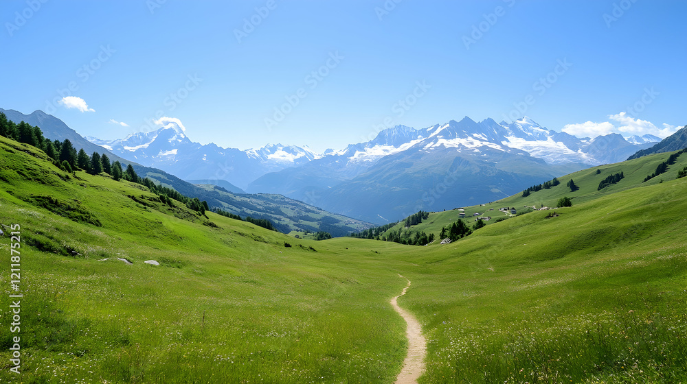 Mountain valley trail, scenic summer hike, alpine meadows, snow-capped peaks background; ideal for travel brochures