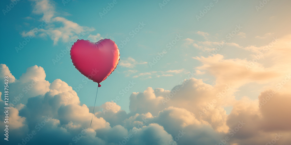 Fototapeta premium Dreamy Pink Heart-Shaped Balloon Drifting in the Sky