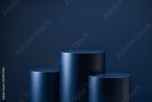 Three blue cylinder podiums against matching background