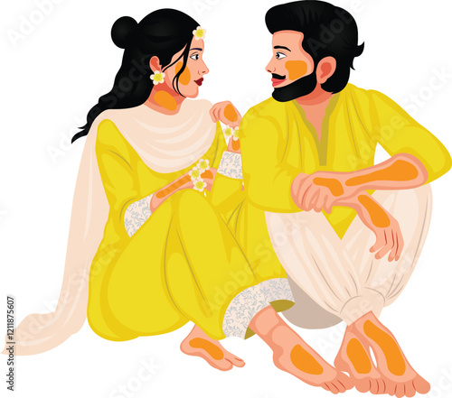 Indian Wedding Couple Celebrate Haldi Ceremony Vector Illustration
