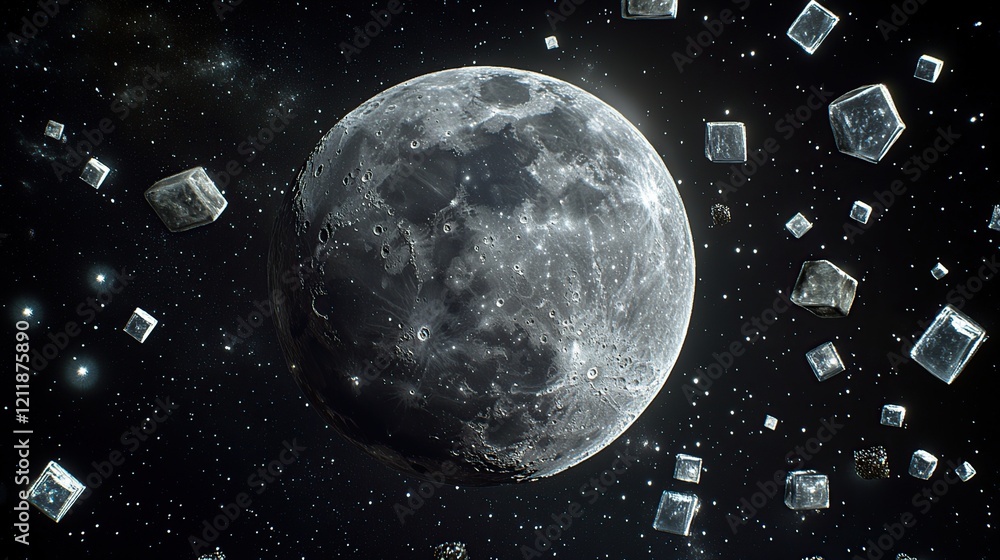 Naklejka premium Moon in space with floating crystals.