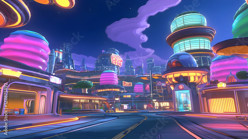 Neon city street at night, futuristic cityscape background, vibrant urban scene, ideal for game design photo