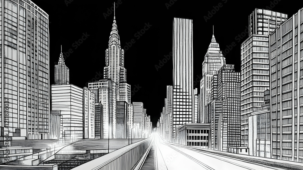 Fototapeta premium Night city skyline, elevated road view, skyscrapers, urban landscape, graphic illustration