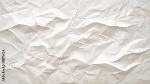 Crumpled white paper surface with soft folds and textured wrinkles. Imperfection. Texture. Crumpled paper with delicate creases symbolizing roughness and creativity. backgrounds in art, design, or c

 photo