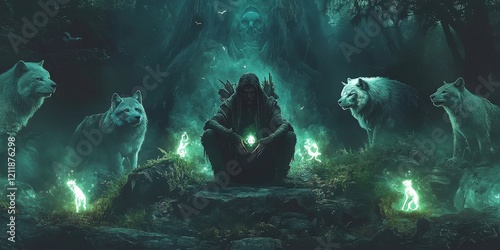 A powerful shaman surrounded by glowing spirit animals in a mystical jungle
