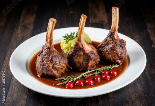 Three lamb chops with sauce, mashed potatoes, cranberries and rosemary photo