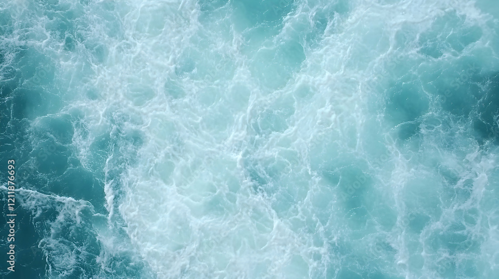 Fototapeta premium Ocean waves churning, top view, turquoise water, background texture for design