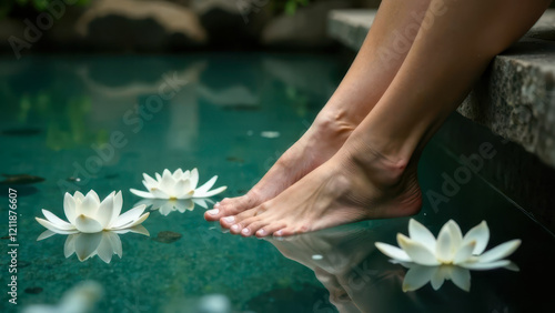 Bare feet gently dipping into a serene pool with white lotus flowers nearby