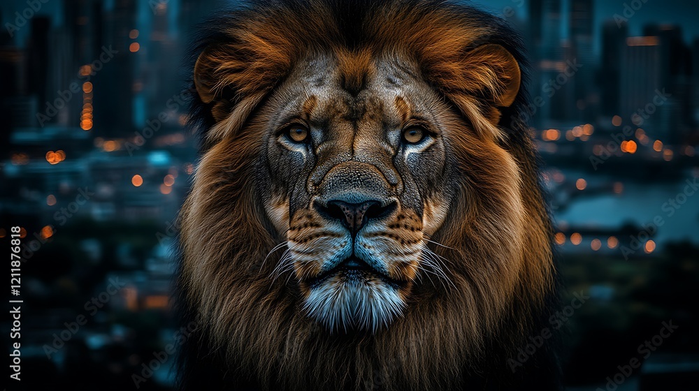 Naklejka premium Majestic lion against city lights.