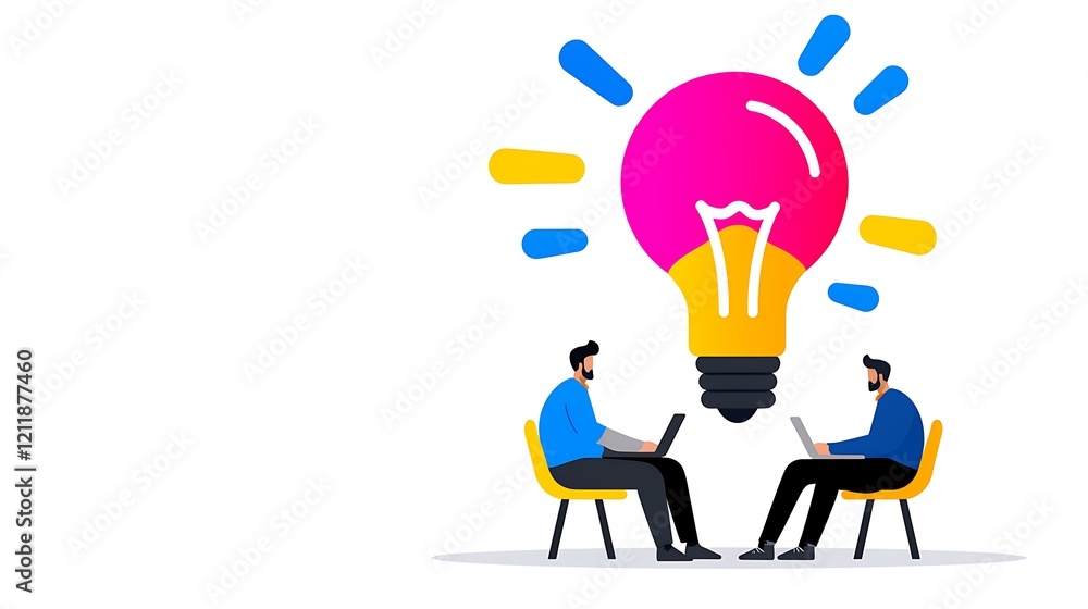 Two Colleagues Collaborating on a New Idea, Innovative Teamwork Concept Two Colleagues Collaborating on a New Idea, Innovative Teamwork Concept