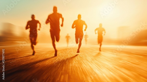 A group of runners in silhouette sprinting towards the sun, creating a dynamic and energetic scene filled with motion and warmth.