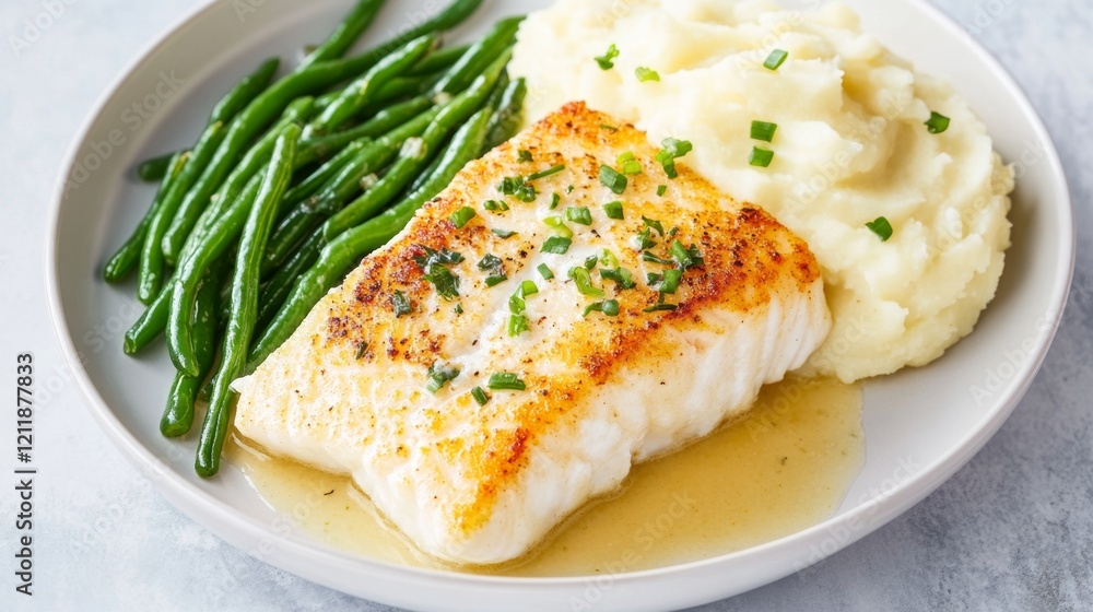 Grilled Fish Fillet with Mashed Potatoes and Green Beans Side Dish Grilled Fish Fillet with Mashed Potatoes and Green Beans Side Dish
