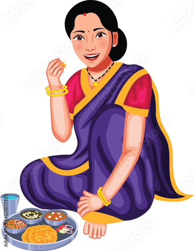 Indian Woman Sitting on the Floor And Eating Food Vector Illustration