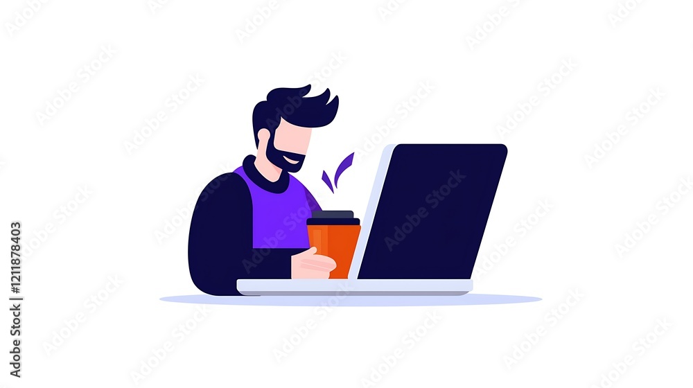 Focused man working on laptop with coffee Focused man working on laptop with coffee