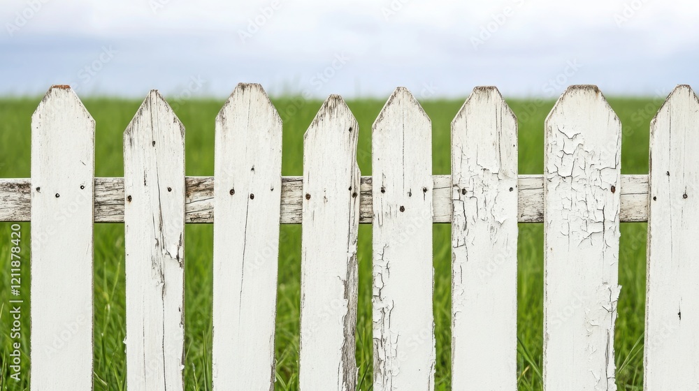 A broken and leaning wooden fence with peeling white paint A broken and leaning wooden fence with peeling white paint