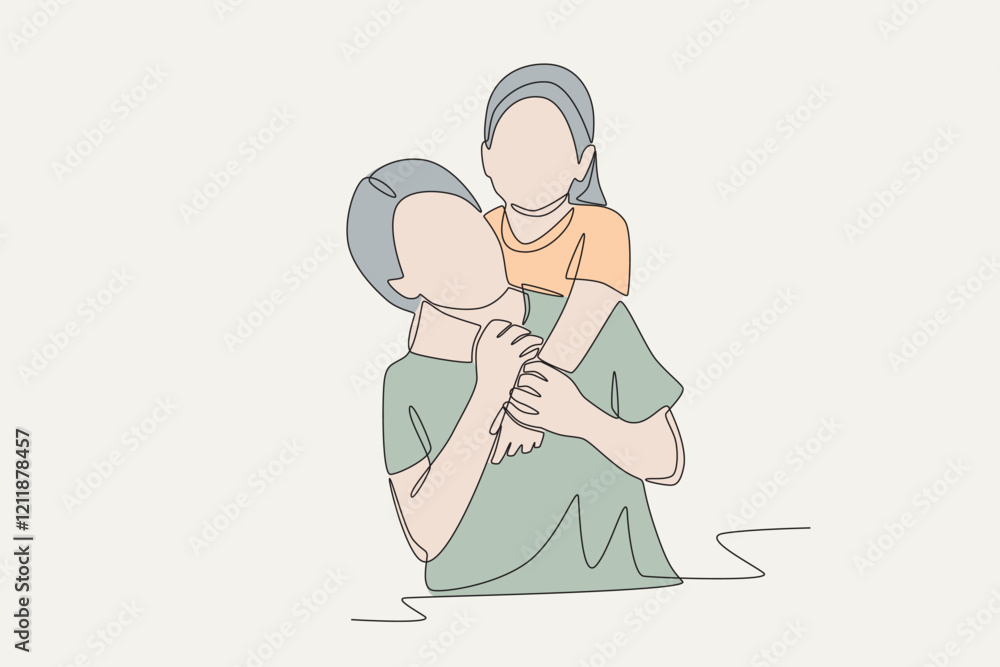 Colored mom and daughter concept one-line drawing Colored mom and daughter concept one-line drawing