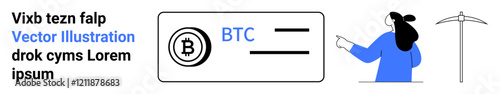 Digital currency exchange interface featuring Bitcoin wallet and BTC symbol, user navigating options, and mining pickaxe. Ideal for cryptocurrency, blockchain, fintech, online transactions, digital