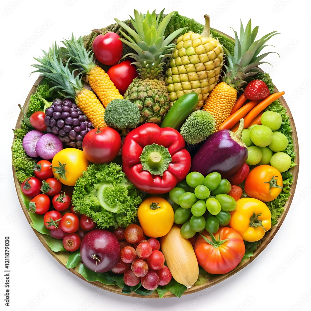 Vibrant Assortment of Fresh Fruits and Vegetables in a Circular Display Vibrant Assortment of Fresh Fruits and Vegetables in a Circular Display
