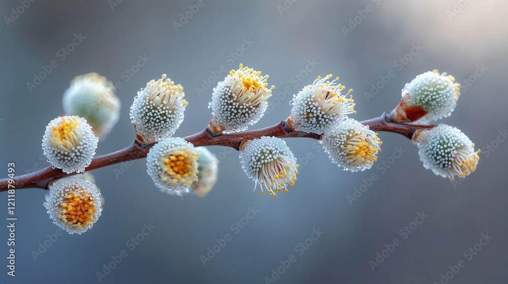 Fototapeta premium Close-up view showcases delicate spring buds adorned with frost, capturing the beauty of nature awakening at dawn. The softness of the petals and the vibrant colors hint at new beginnings