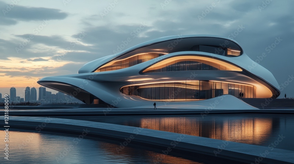 Obraz premium Futuristic building showcasing innovative design and architecture under a dramatic sky