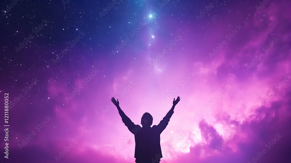 Person silhouetted against a vibrant night sky, arms raised in worship, stars and clouds in background; ideal for faith, hope, or spiritual concepts Person silhouetted against a vibrant night sky, arms raised in worship, stars and clouds in background; ideal for faith, hope, or spiritual concepts