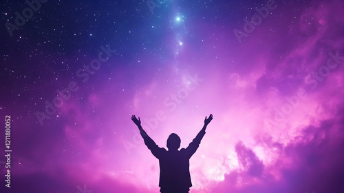 Wallpaper Mural Person silhouetted against a vibrant night sky, arms raised in worship, stars and clouds in background; ideal for faith, hope, or spiritual concepts Torontodigital.ca