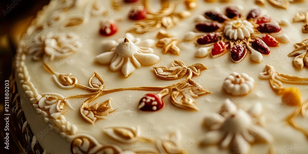 Obraz premium Close up of vibrant Parsi New Year cake adorned with symbolic motifs and festive offerings perfect for celebratory occasions and cultural publications