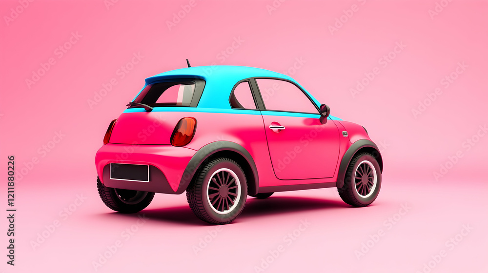 Pink and blue small electric car, rear view, pink background, studio shot, for advertising Pink and blue small electric car, rear view, pink background, studio shot, for advertising