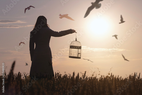 woman in backlight with empty cage for having freed her birds in the sky that fly free together with others photo